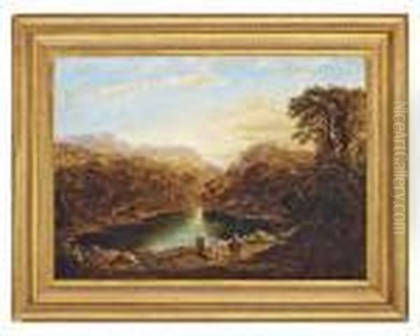 A Mountainous Landscape With Travellers By A Lake Oil Painting by Thomas Creswick