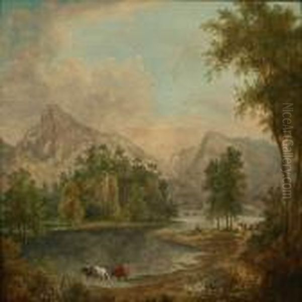 Landscape With Cows At A Lake Oil Painting by Thomas Creswick