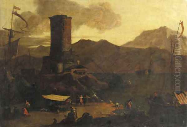 A Mediterranean coastal landscape with fishermen and merchants on a quay by a ruined tower, at sunset Oil Painting by Adriaen Van Der Kabel