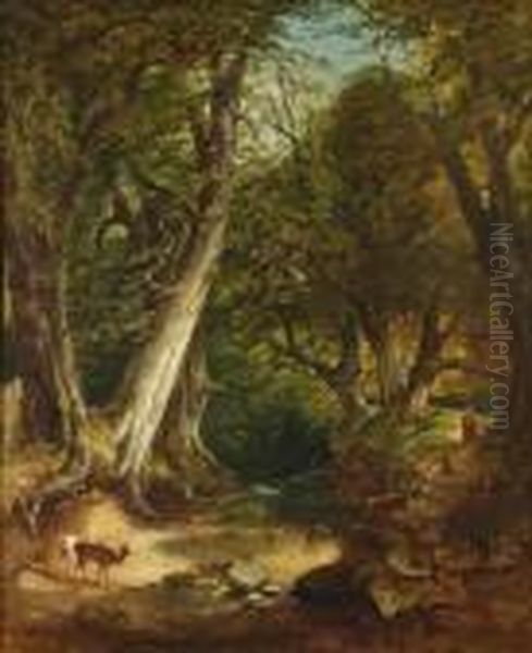 Deer By A Woodland Stream Oil Painting by Thomas Creswick