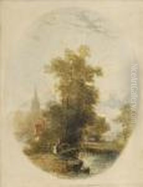 Amother And Child Crossing A Bridge Oil Painting by Thomas Creswick