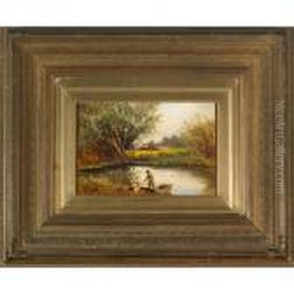 Children Boating In A Pond By The Farm Oil Painting by Thomas Creswick