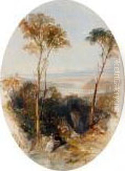 A Couple In An Italianate Landscape Oil Painting by Thomas Creswick