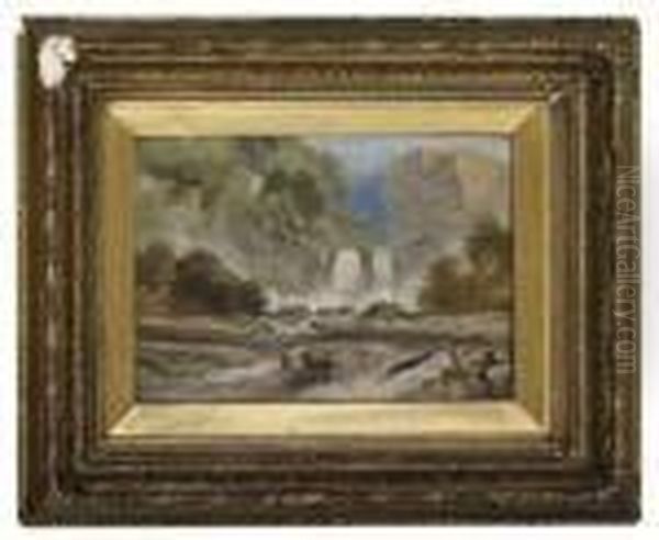 A Waterfall In A Wooded Landscape Oil Painting by Thomas Creswick