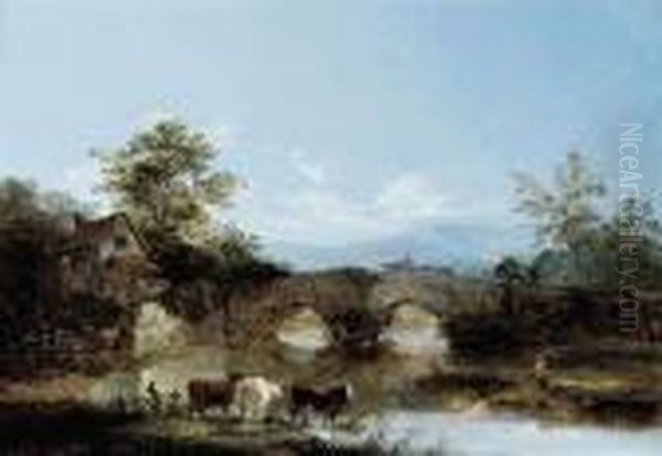 Cattle Watering At A River, A Cottage And A Bridge Beyond Oil Painting by Thomas Creswick