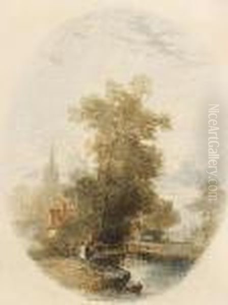 Mother And Child On A Bridge, A Vignette Oil Painting by Thomas Creswick