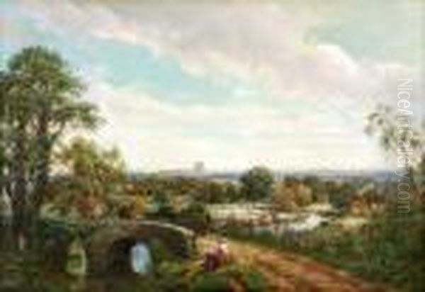 Travellers On Abridge With A Landscape Beyond Oil Painting by Thomas Creswick