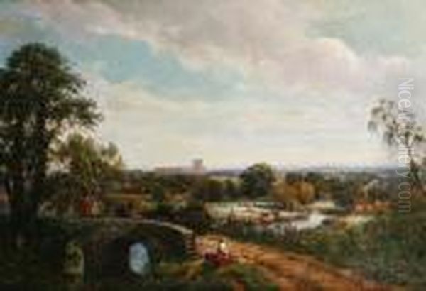 Travellers On A Bridge With An Extensivelandscape Beyond Oil Painting by Thomas Creswick