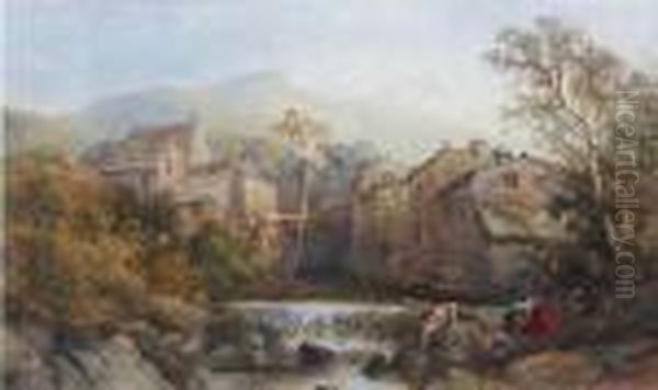 Figures By A Mill, Possibly In Cumbria Oil Painting by Thomas Creswick