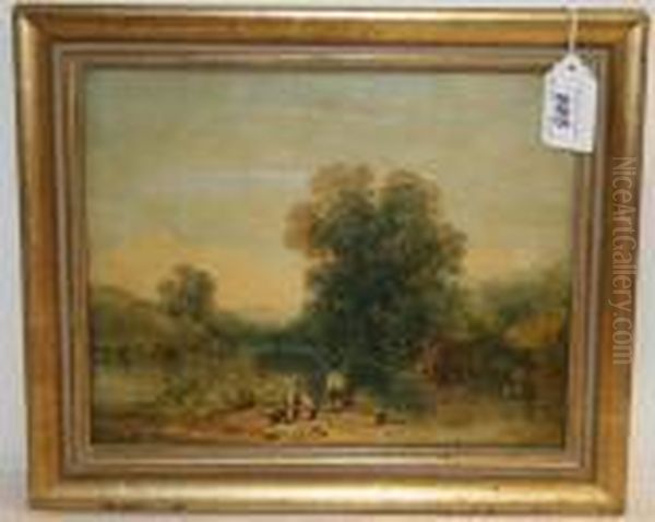 Two Figures Fishing By A River Oil Painting by Thomas Creswick