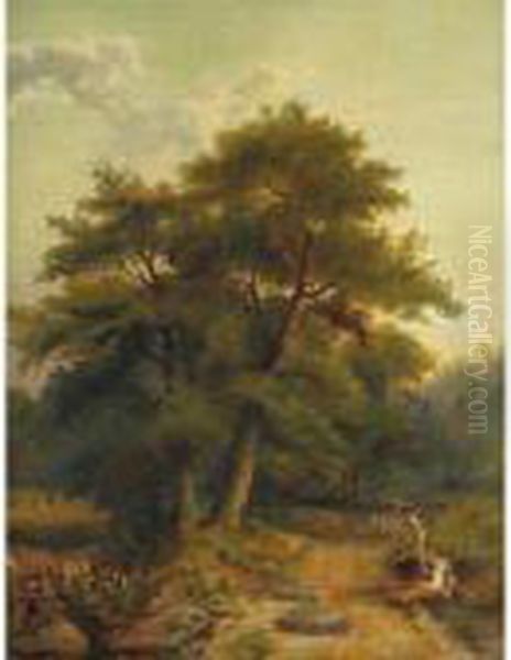 Figures Eating Along A Counry Road Oil Painting by Thomas Creswick