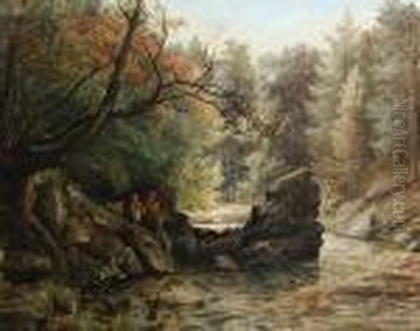 Couple Fishing By A Woodland Pool Oil Painting by Thomas Creswick