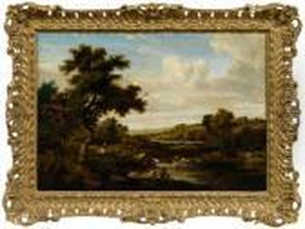 Landscape With Two Fishermen On A River Bank Oil Painting by Thomas Creswick