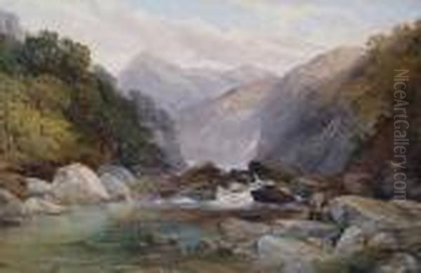 Scottish River Landscape With Fisherman By Apool Oil Painting by Thomas Creswick