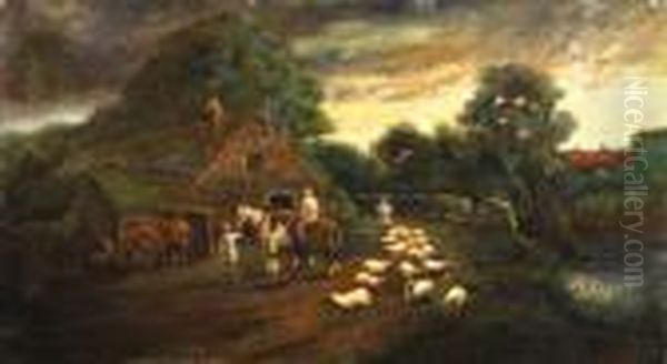 Sheep In A Country Lane By A Blacksmith