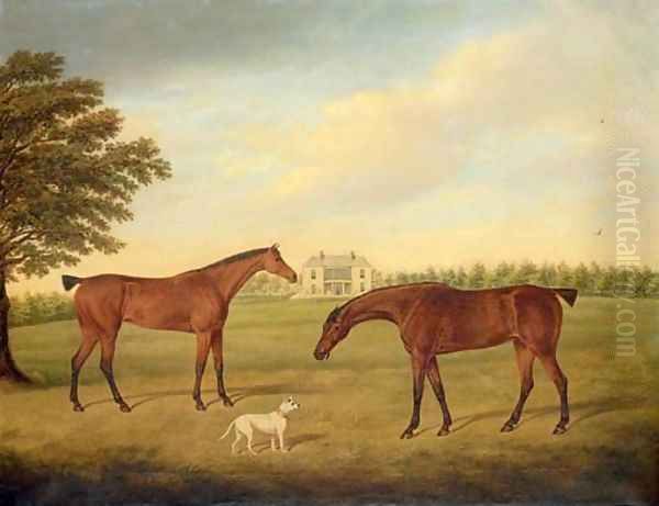 Two hunters and a dog in the grounds of Boulston House, near Haverfordwest, Pembrokeshire Oil Painting by Hayter Kinch