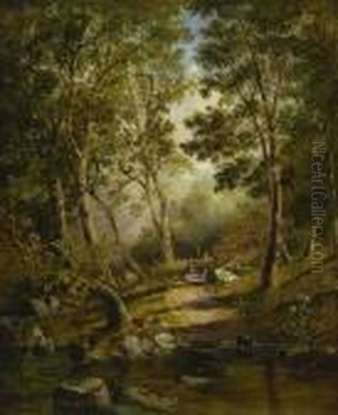 Wanderer Mit Hund Am Waldbach. Oil Painting by Thomas Creswick