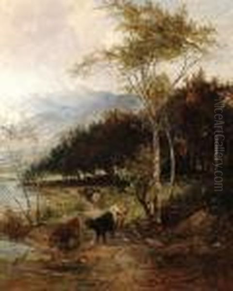 Cattle Coming Down To A River To Drink Oil Painting by Thomas Creswick