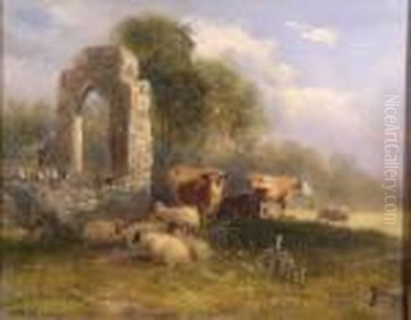 Cattle And Sheep In A Sunlit Meadow Oil Painting by Thomas Creswick