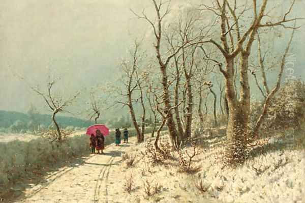 An afternoon stroll in the snow Oil Painting by Jan Jacob Lodewijk Ten Kate