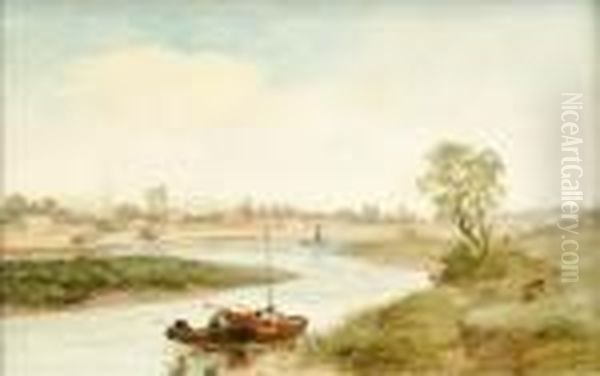 River Landscapewith Boat Oil Painting by Thomas Creswick