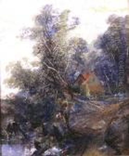 Figures Before A Cottage In A Wooded Landscape Oil Painting by Thomas Creswick