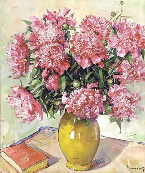 Peonies in a yellow vase Oil Painting by Alfons Kapinski