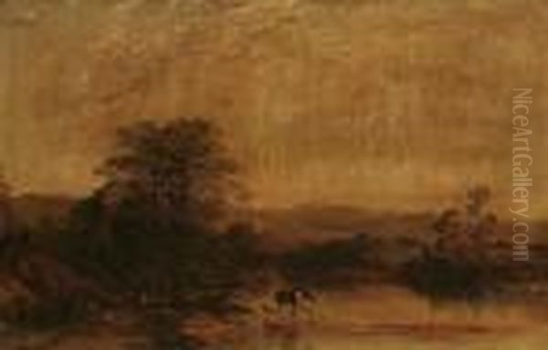 Tranquil Lake Landscape With Man Watering Horses Oil Painting by Thomas Creswick