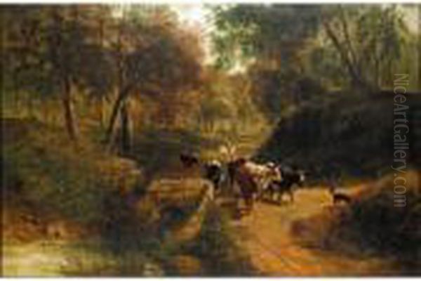 A Drover With Cattle And A Dog Oil Painting by Thomas Creswick