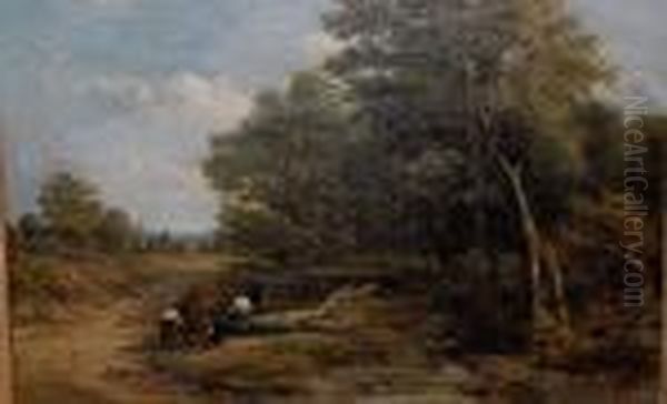 Figures Chopping Wood Beside A Stream Oil Painting by Thomas Creswick