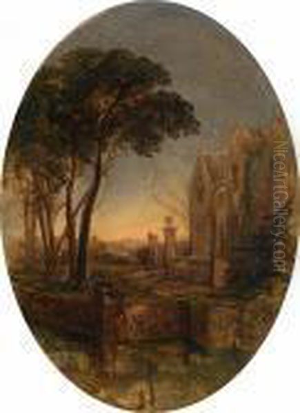 A Moated Manor At Dusk Oil Painting by Thomas Creswick