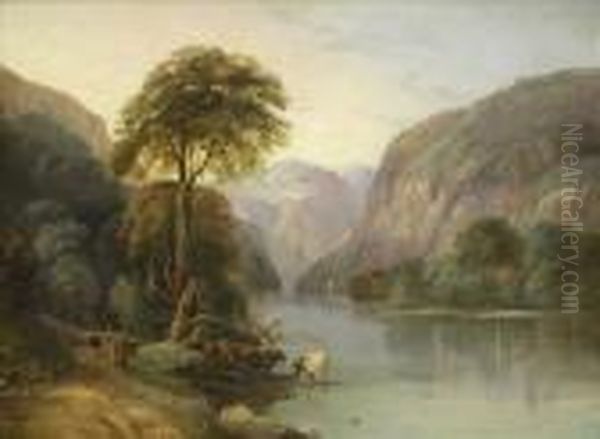 Summer Riverlandscape, With Castle Topped Ravine, Cattle Watering In Theshallows Oil Painting by Thomas Creswick