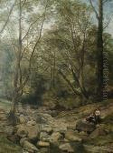 Figures By A Rocky Stream Oil Painting by Thomas Creswick