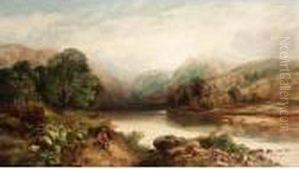 Figure By A Lake Oil Painting by Thomas Creswick