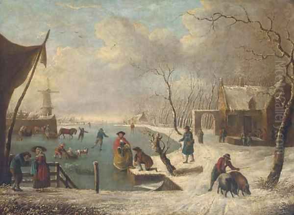 Dutch skaters and tradesmen at a frozen waterway Oil Painting by Leendert de Koningh