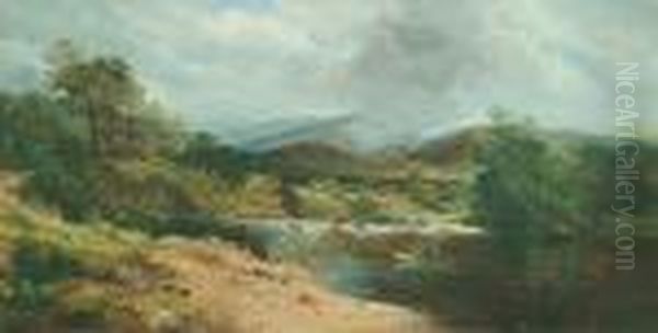 A Highland Scene With Figures Beside A Loch And Another Fishing by Thomas Creswick