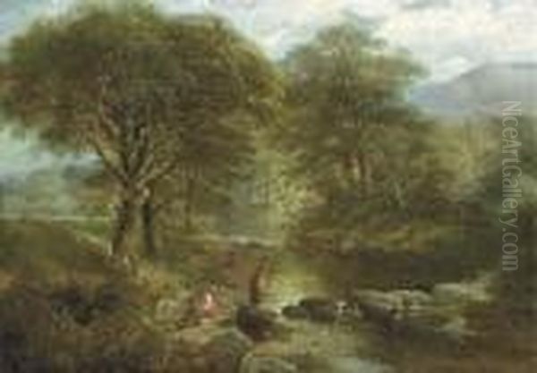 Figures By A River In The Woods Oil Painting by Thomas Creswick