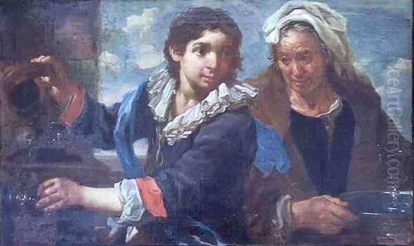 A Young Man and an Old Woman at the Fountain Oil Painting by Bernhardt Keyl