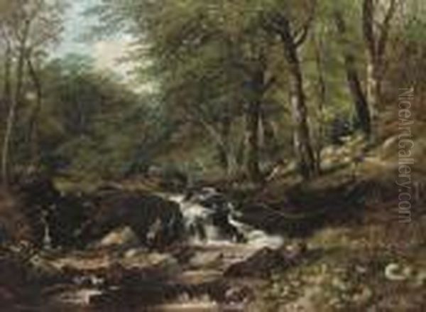 An Angler In A Wooded Landscape Oil Painting by Thomas Creswick