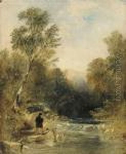 An Angler On The Bank Of A Rocky River Oil Painting by Thomas Creswick