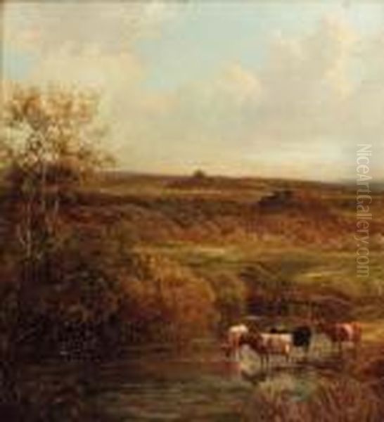 Cattle Watering In An Extensive Landscape Oil Painting by Thomas Creswick