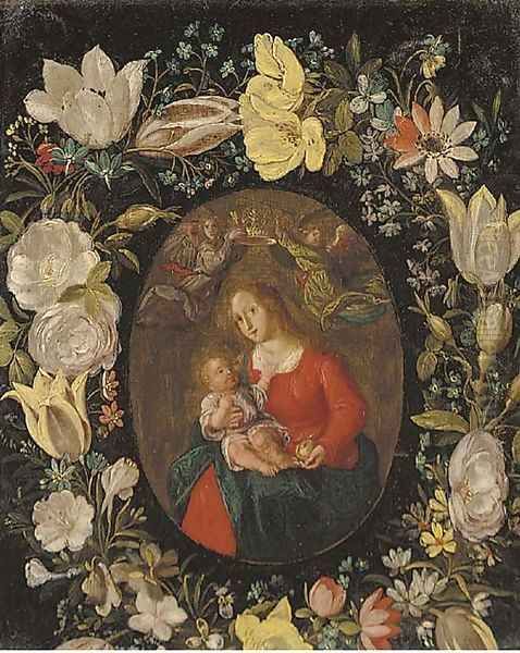 The Virgin and Child set in a feigned cartouche of tulips, roses and other flowers Oil Painting by Jan van, the Younger Kessel