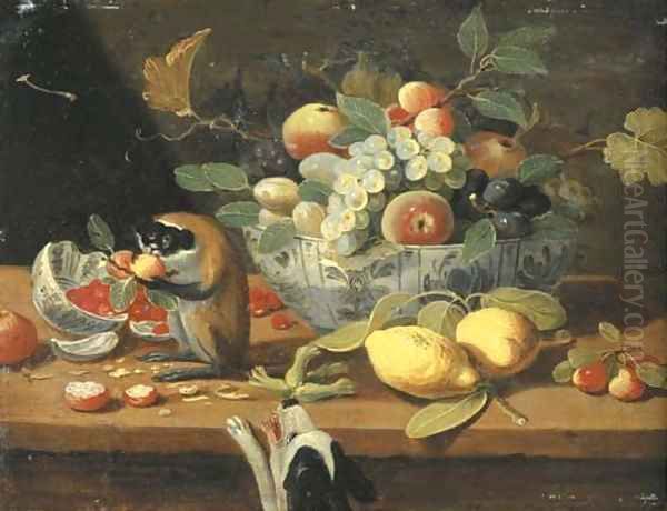 Grapes, plums and other fruit in a bowl, lemons and other fruit on a ledge with a monkey, a dog below Oil Painting by Jan van, the Younger Kessel