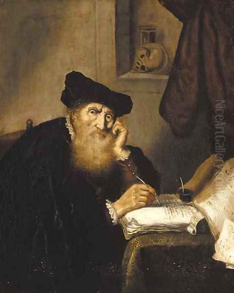 A scholar writing at a table Oil Painting by Salomon Koninck