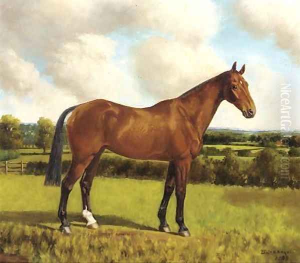 Cracker a chestnut hunter in a paddock; and Belinda a brown hunter in a paddock Oil Painting by Edwin H. Knight