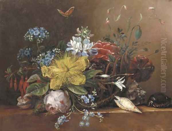 Flowers in a basket with shells on a ledge Oil Painting by Elisabeth Johanna Koning