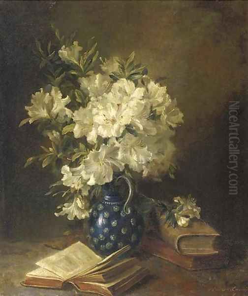 A still life with rhodondendrons in a jug and books Oil Painting by Hendrika Wilhelmina Van Der Kellen