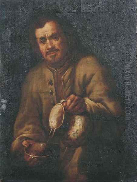 A man pouring wine into a drinking bowl Oil Painting by Bernhard Keil