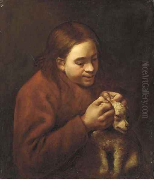 A boy de-licing a dog Oil Painting by Bernhard Keil