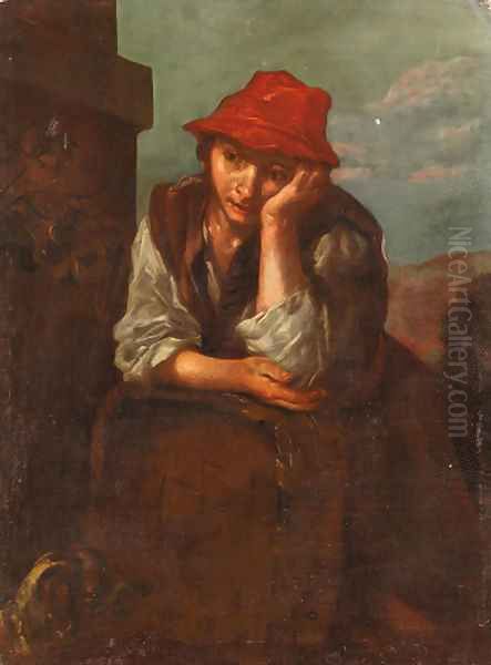 A boy seated, wearing a red cap Oil Painting by Bernhard Keil